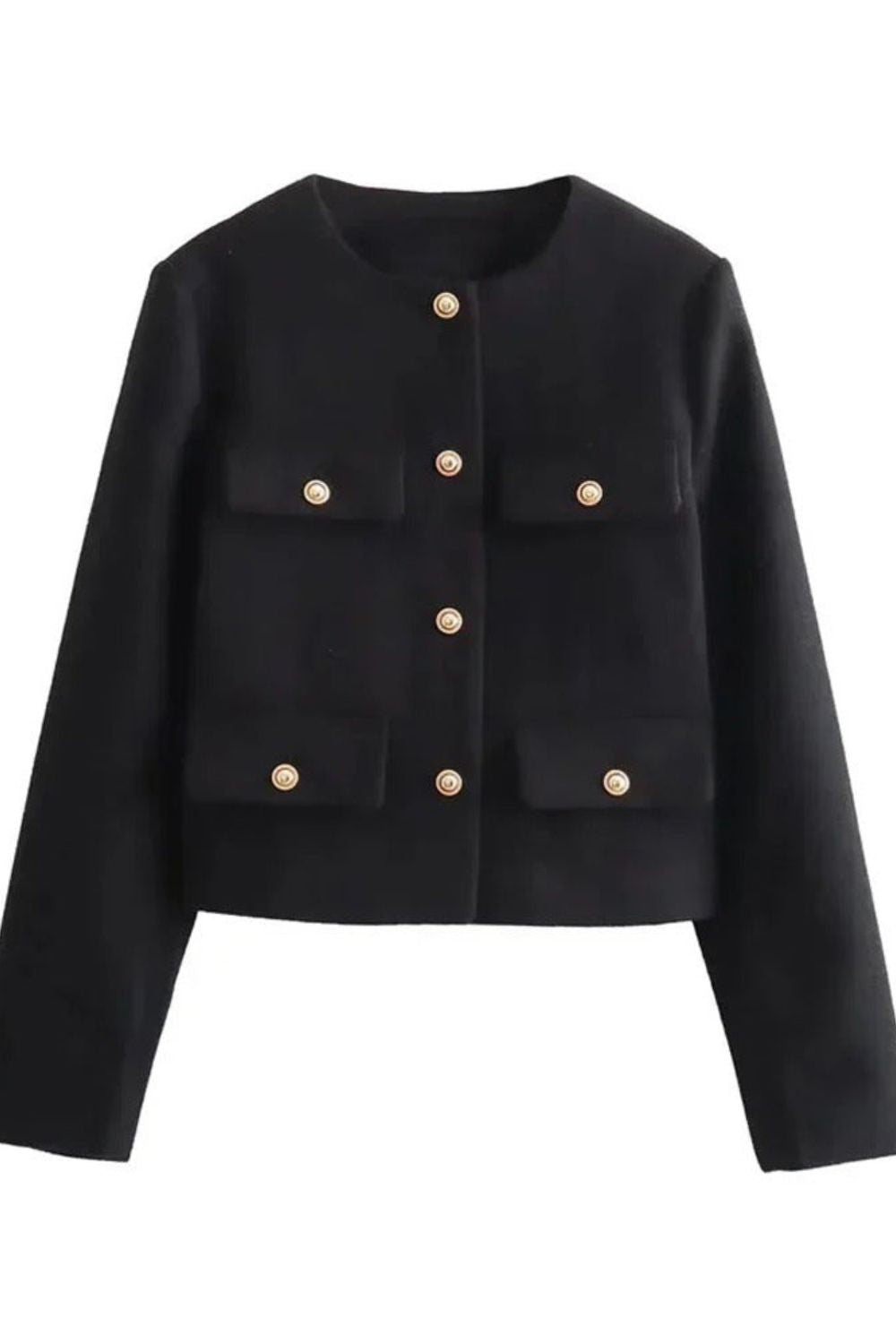 Damen Jacke Kurz Rundhals mit Knopfleiste und Taschen