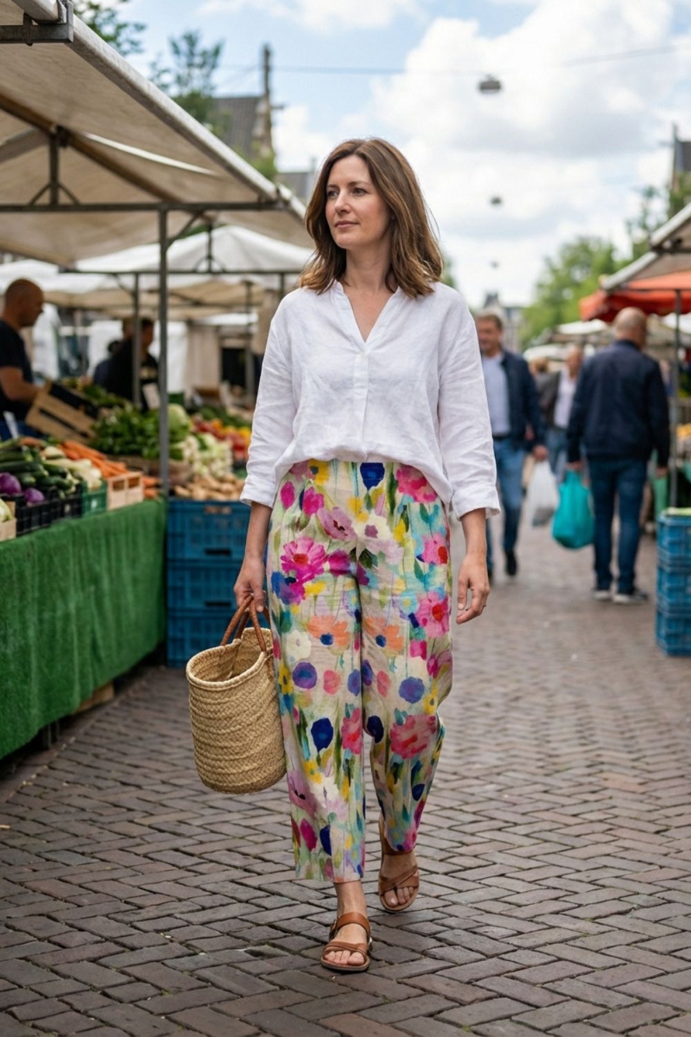 Stoffhose Damen mit Blumenmuster Weites Bein