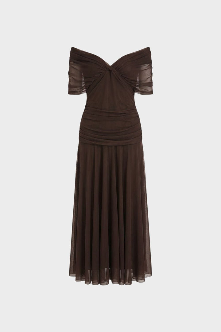 Damen Abendkleid aus Chiffon mit Off-Shoulder Ausschnitt