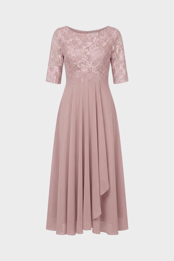 Damen Chiffon Maxikleid in Champagner mit Spitzenoberteil und 3/4-Ärmeln
