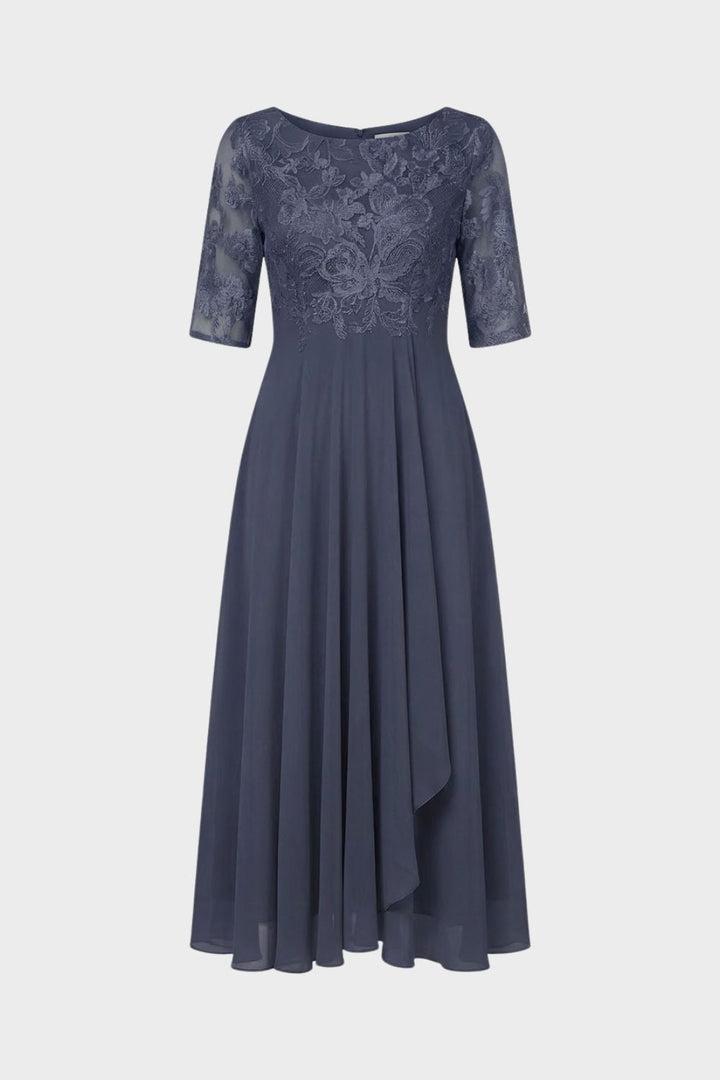 Damen Chiffon Maxikleid in Champagner mit Spitzenoberteil und 3/4-Ärmeln