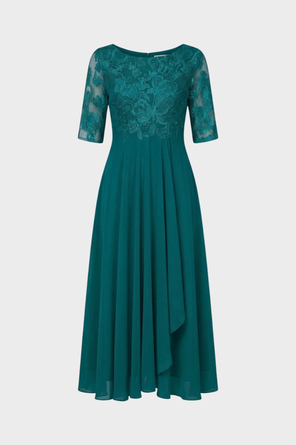 Damen Chiffon Maxikleid in Champagner mit Spitzenoberteil und 3/4-Ärmeln
