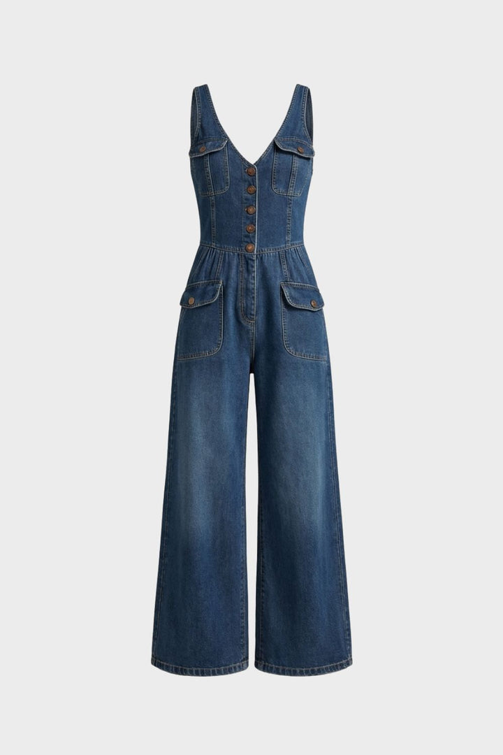 Damen Denim Jumpsuit – Wide-Leg – Material-Detail