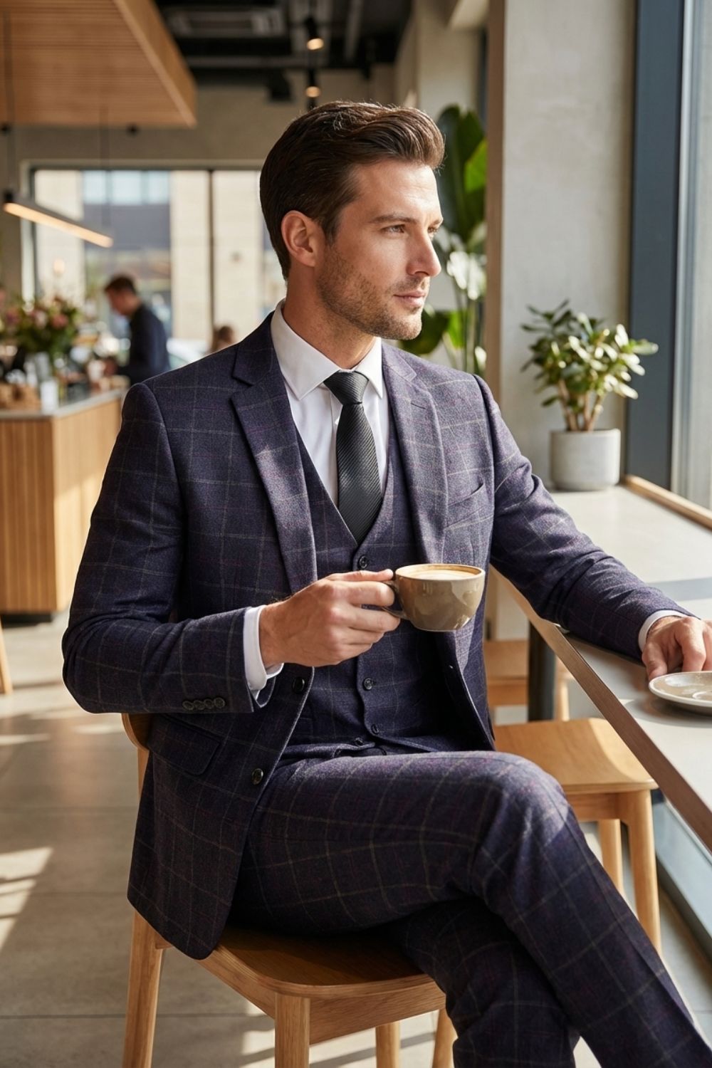 Herren Anzüge – Dreiteiliger Anzug mit Zwei-Knopf-Blazer, Weste und moderner Passform