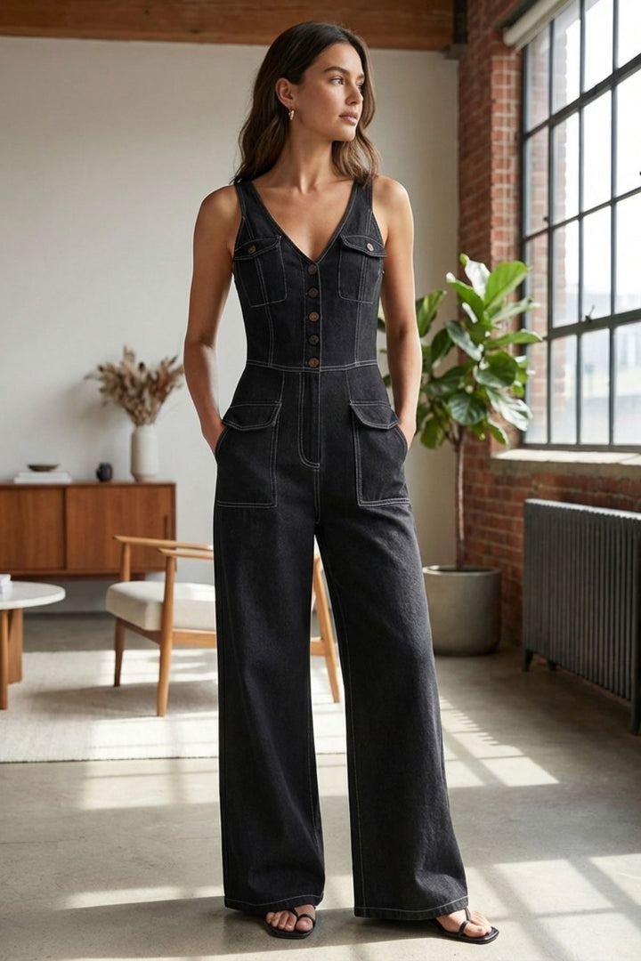 Damen Denim Jumpsuit – Wide-Leg – Rückansicht