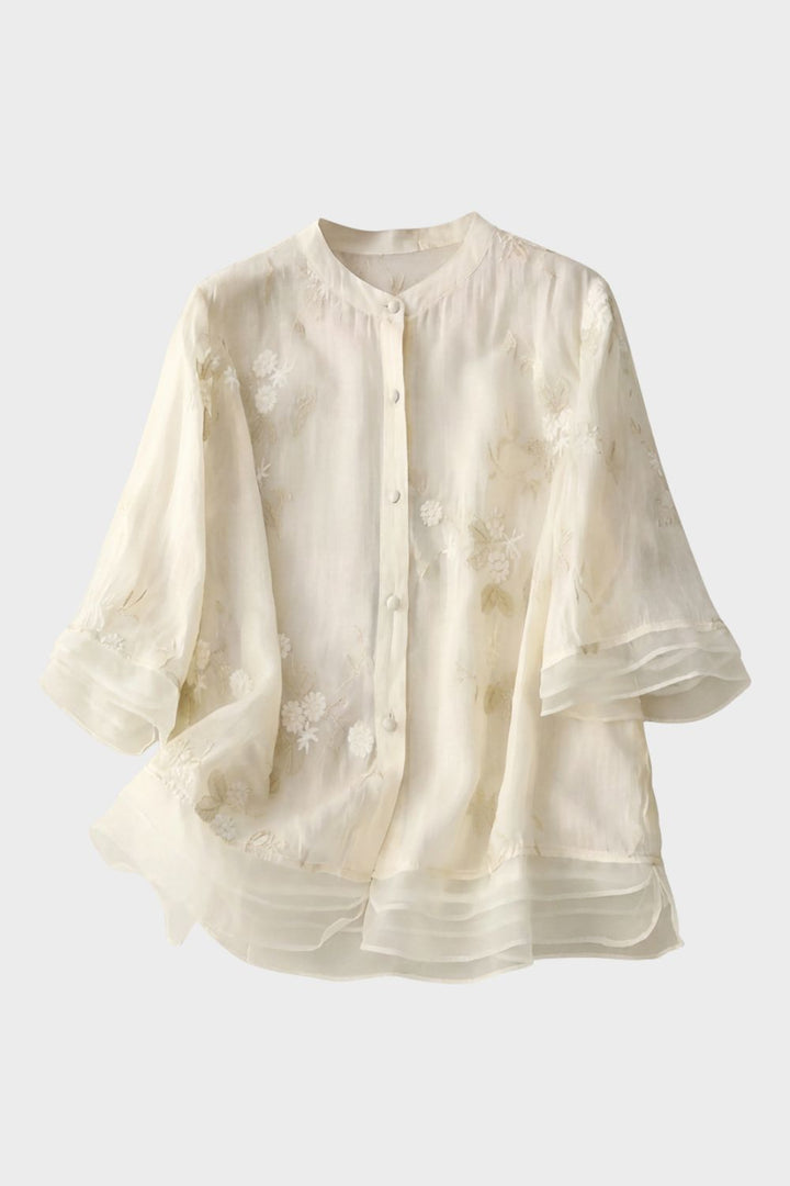 Bluse Damen mit Stehkragen und Volantärmeln