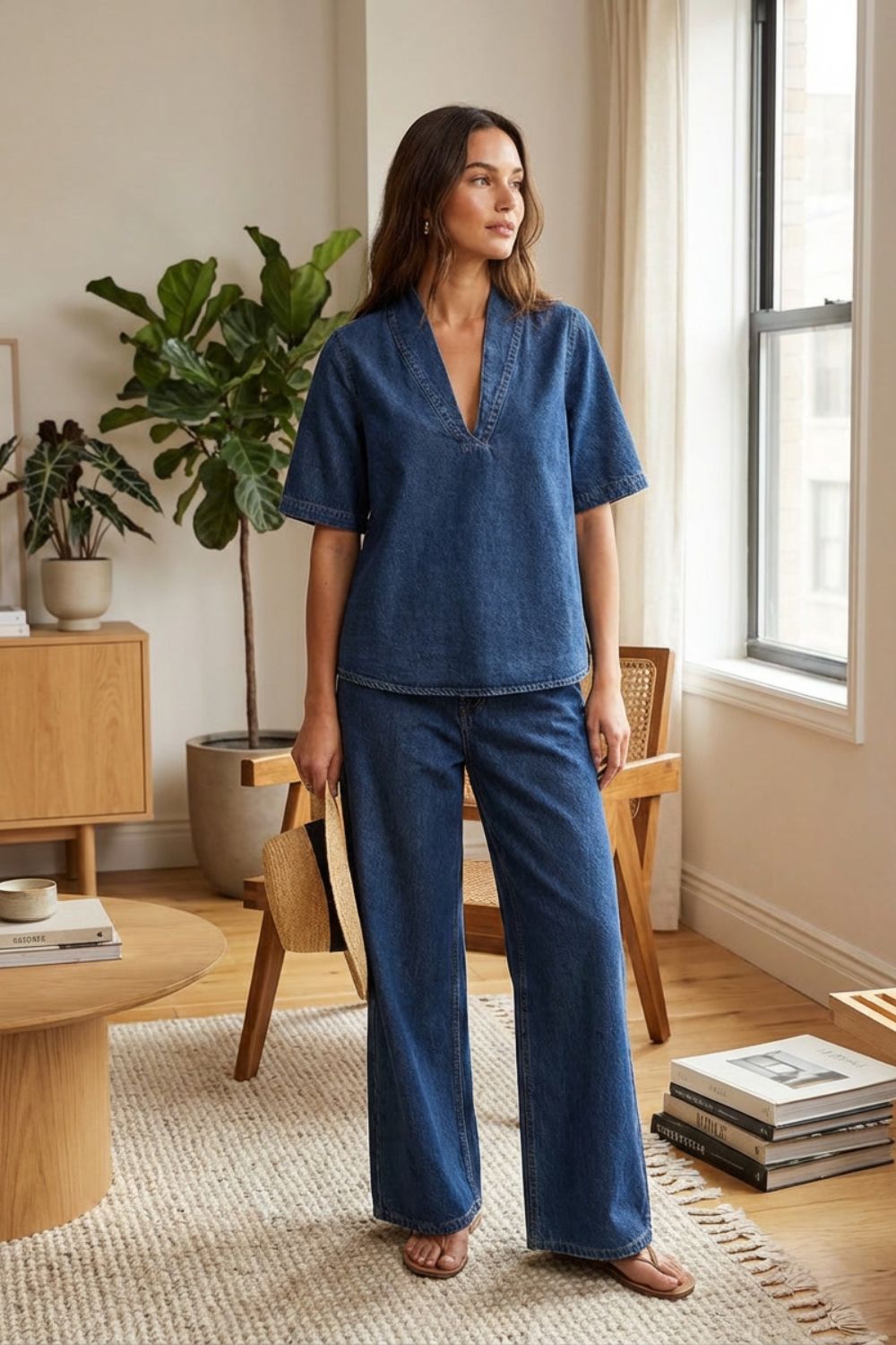 Damen Casual Set | V-Ausschnitt und Hose – Rückansicht