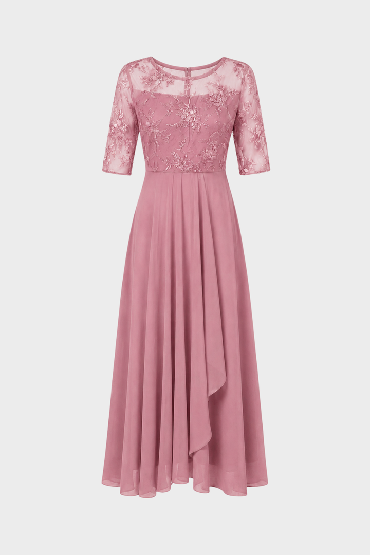 Damen Chiffon Maxikleid in Champagner mit Spitzenoberteil und 3/4-Ärmeln