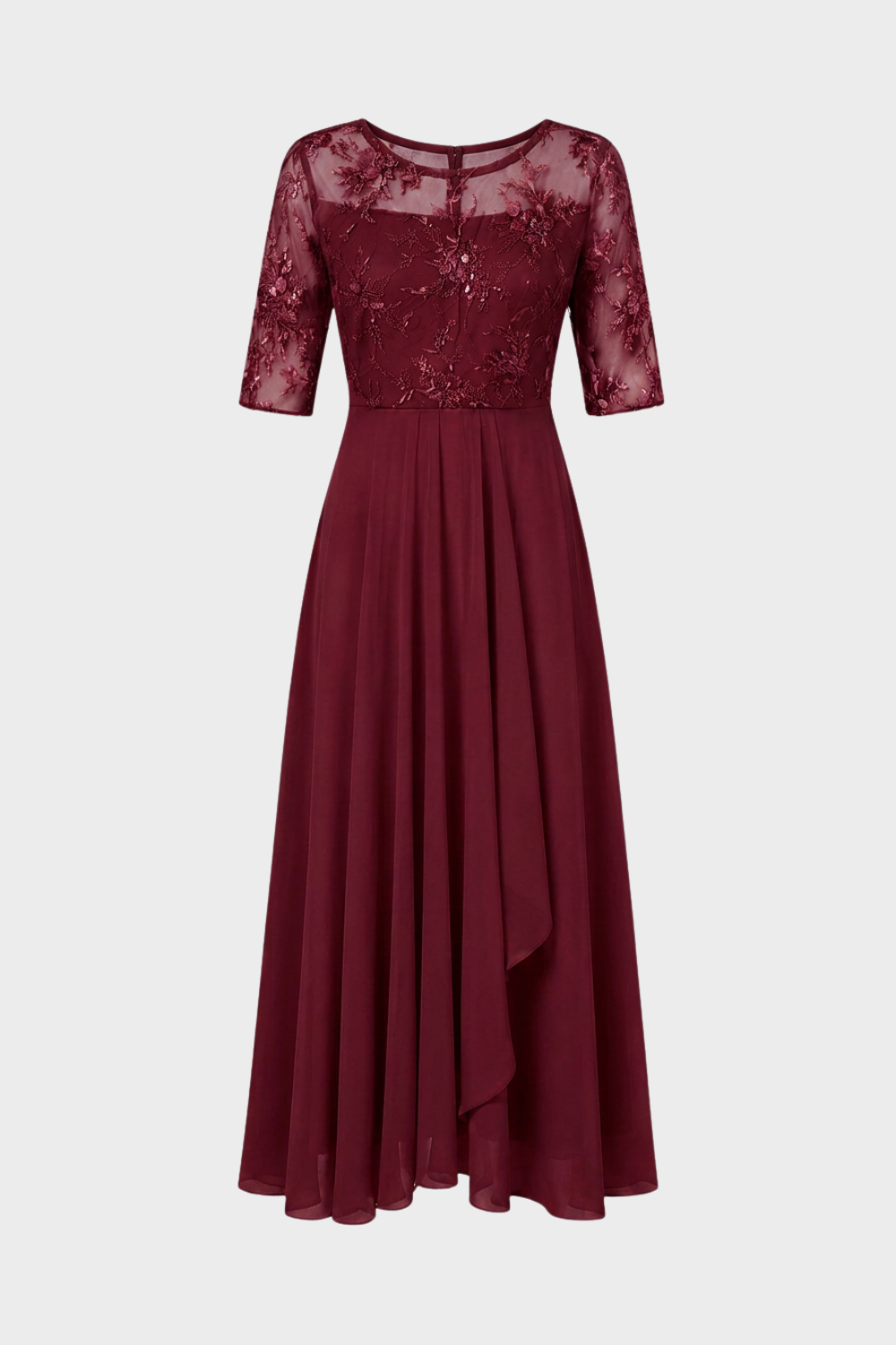 Damen Chiffon Maxikleid in Champagner mit Spitzenoberteil und 3/4-Ärmeln