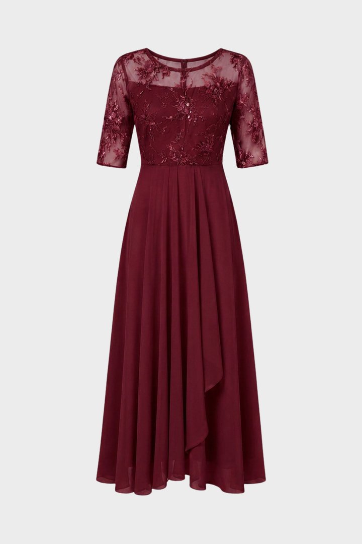 Damen Chiffon Maxikleid in Champagner mit Spitzenoberteil und 3/4-Ärmeln