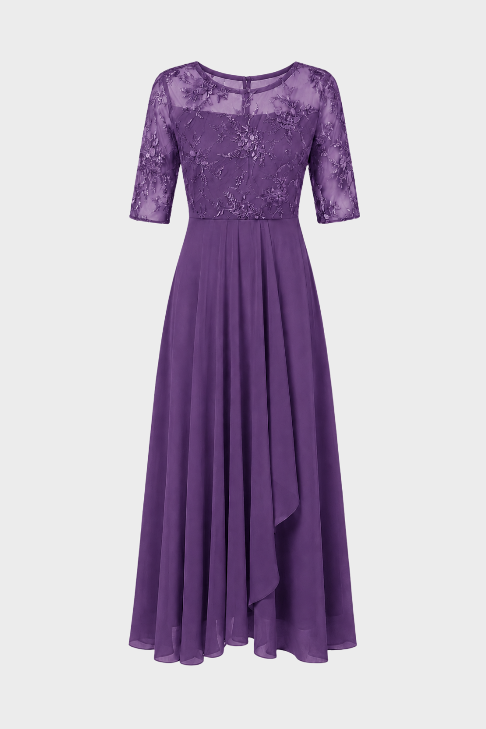 Damen Chiffon Maxikleid in Champagner mit Spitzenoberteil und 3/4-Ärmeln