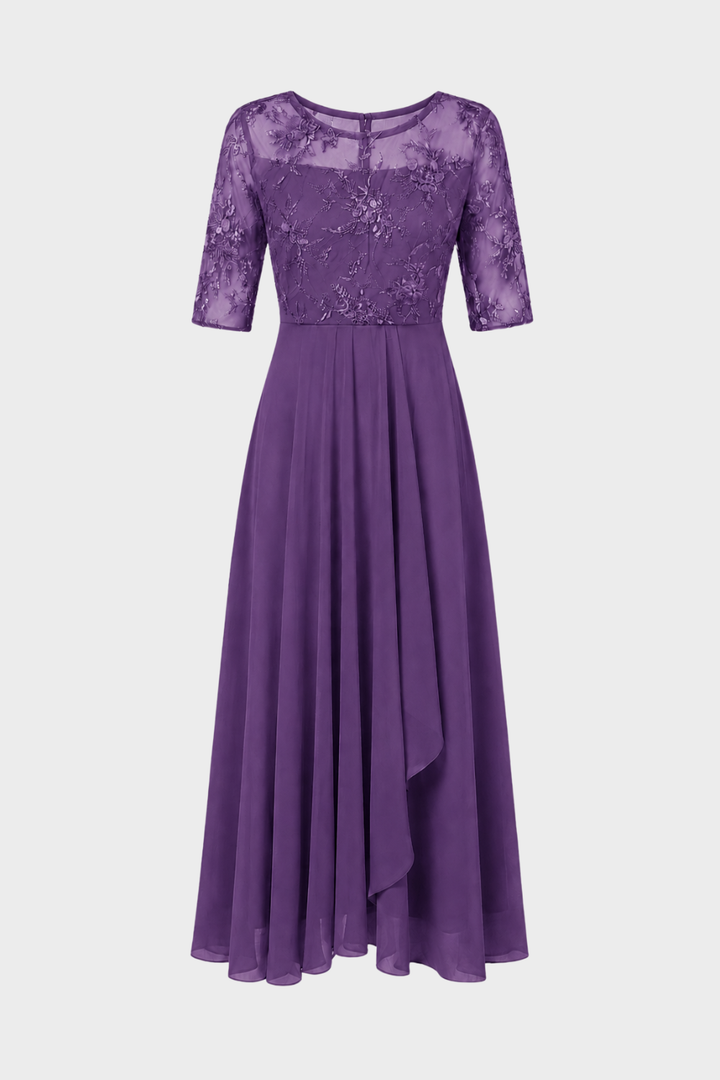 Damen Chiffon Maxikleid in Champagner mit Spitzenoberteil und 3/4-Ärmeln