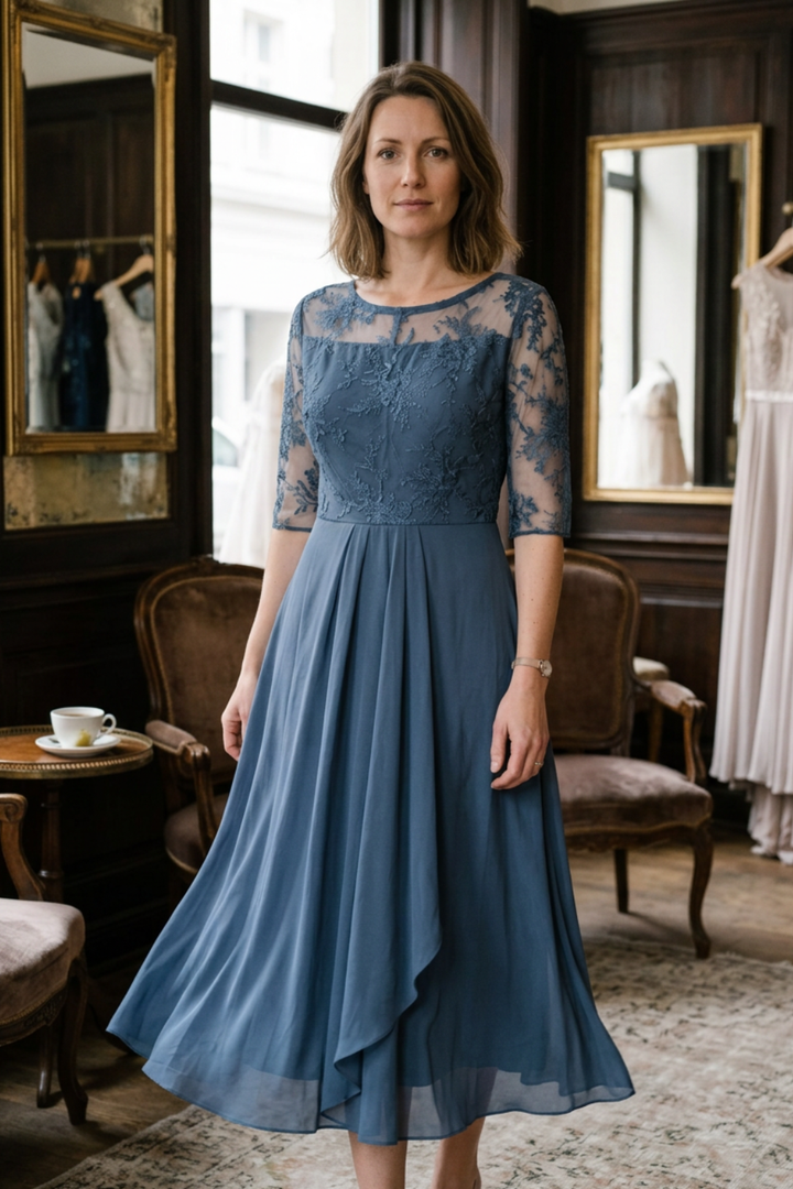 Damen Chiffon Maxikleid in Champagner mit Spitzenoberteil und 3/4-Ärmeln