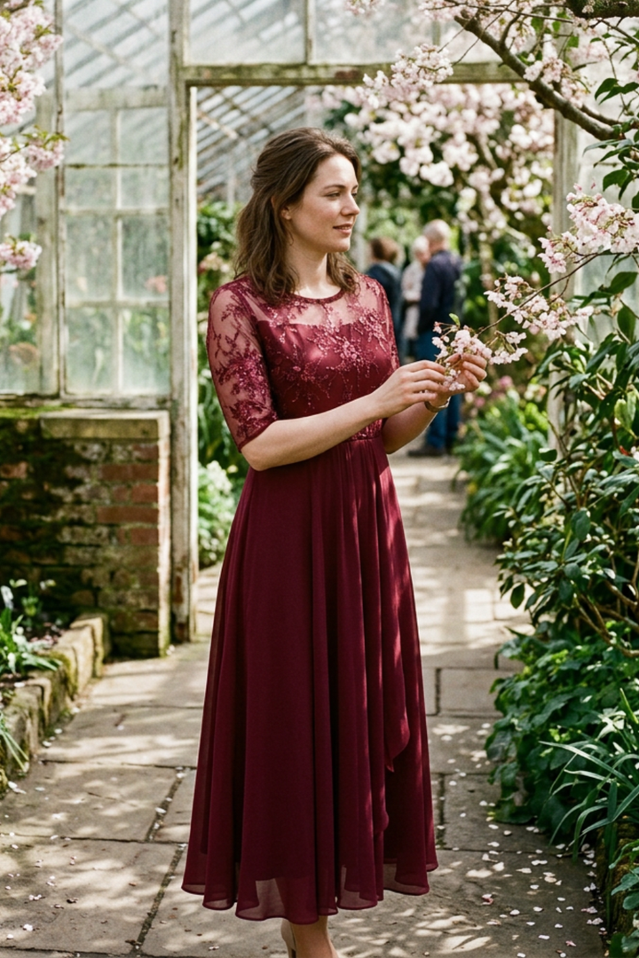 Damen Chiffon Maxikleid in Champagner mit Spitzenoberteil und 3/4-Ärmeln