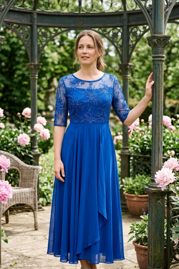 Damen Chiffon Maxikleid in Champagner mit Spitzenoberteil und 3/4-Ärmeln