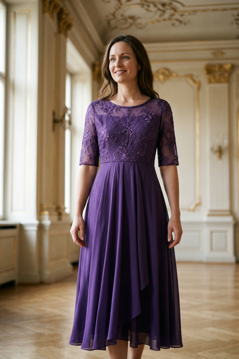 Damen Chiffon Maxikleid in Champagner mit Spitzenoberteil und 3/4-Ärmeln
