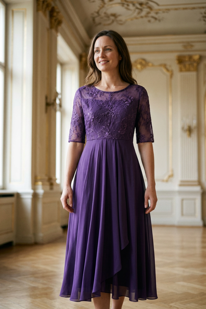 Damen Chiffon Maxikleid in Champagner mit Spitzenoberteil und 3/4-Ärmeln