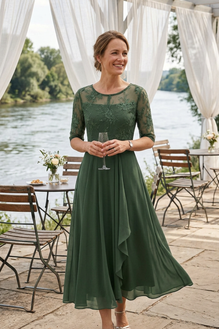 Damen Chiffon Maxikleid in Champagner mit Spitzenoberteil und 3/4-Ärmeln