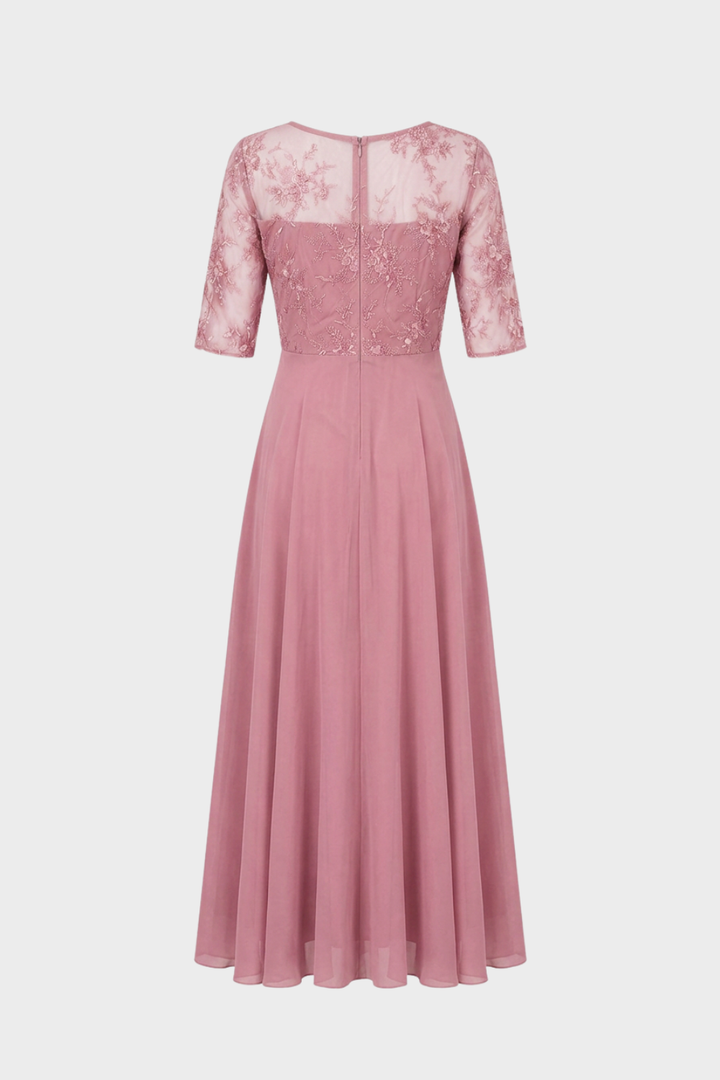 Damen Chiffon Maxikleid in Champagner mit Spitzenoberteil und 3/4-Ärmeln