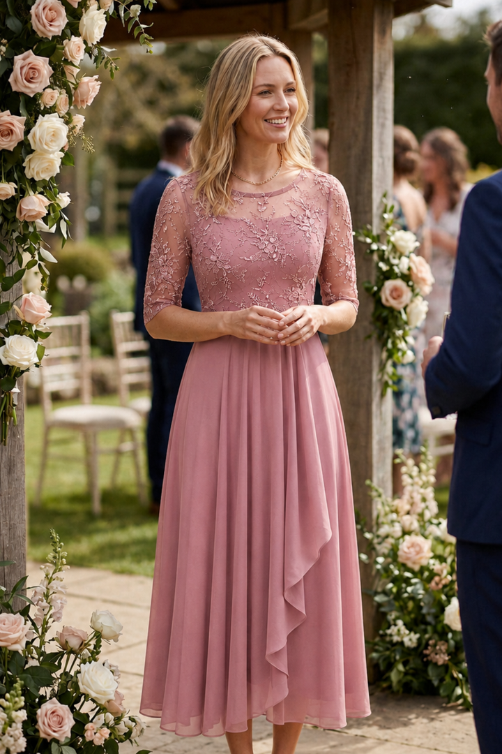 Damen Chiffon Maxikleid in Champagner mit Spitzenoberteil und 3/4-Ärmeln