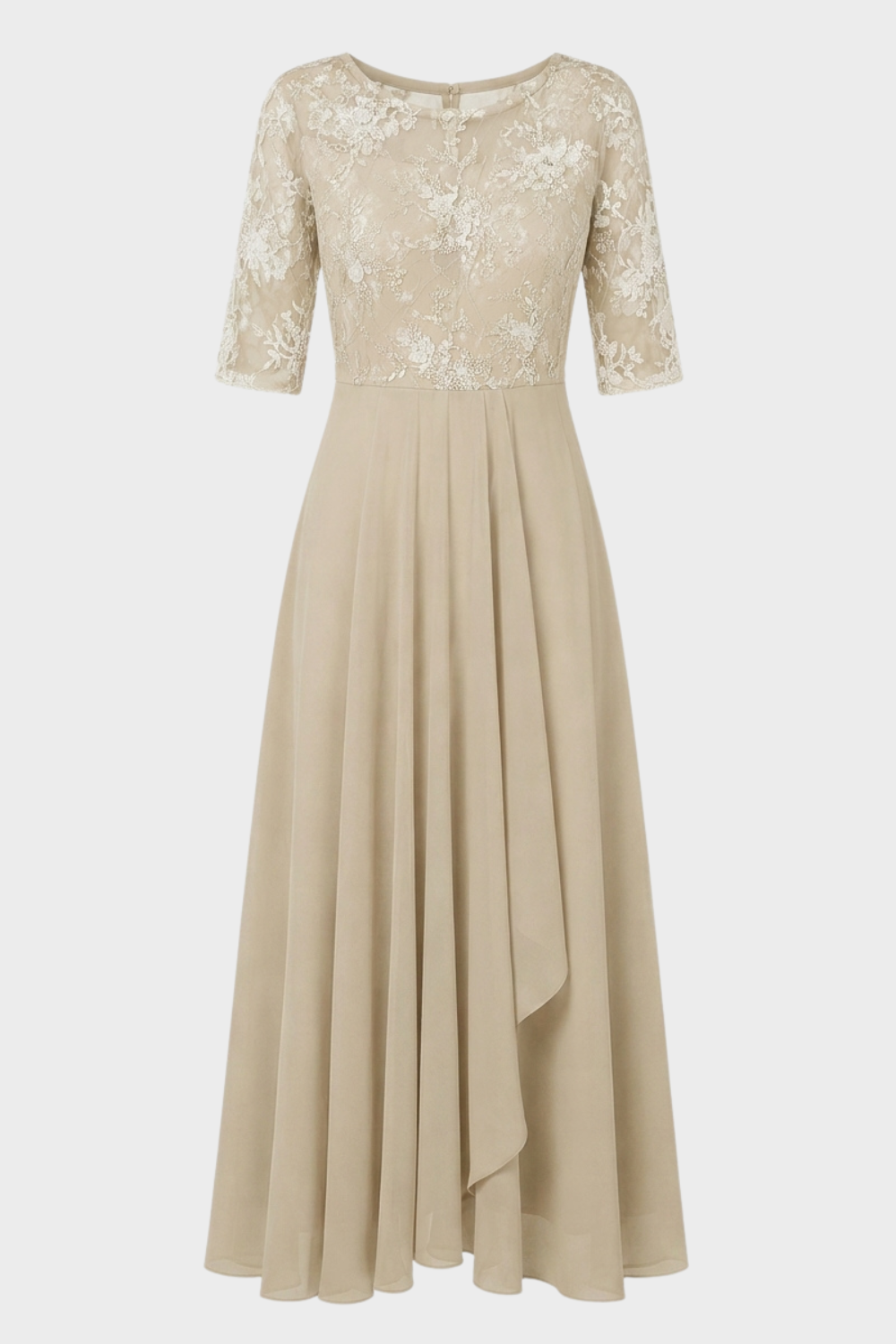 Damen Chiffon Maxikleid in Champagner mit Spitzenoberteil und 3/4-Ärmeln