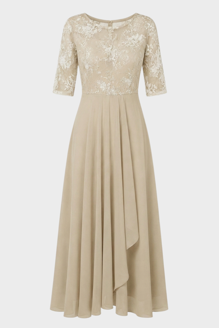 Damen Chiffon Maxikleid in Champagner mit Spitzenoberteil und 3/4-Ärmeln