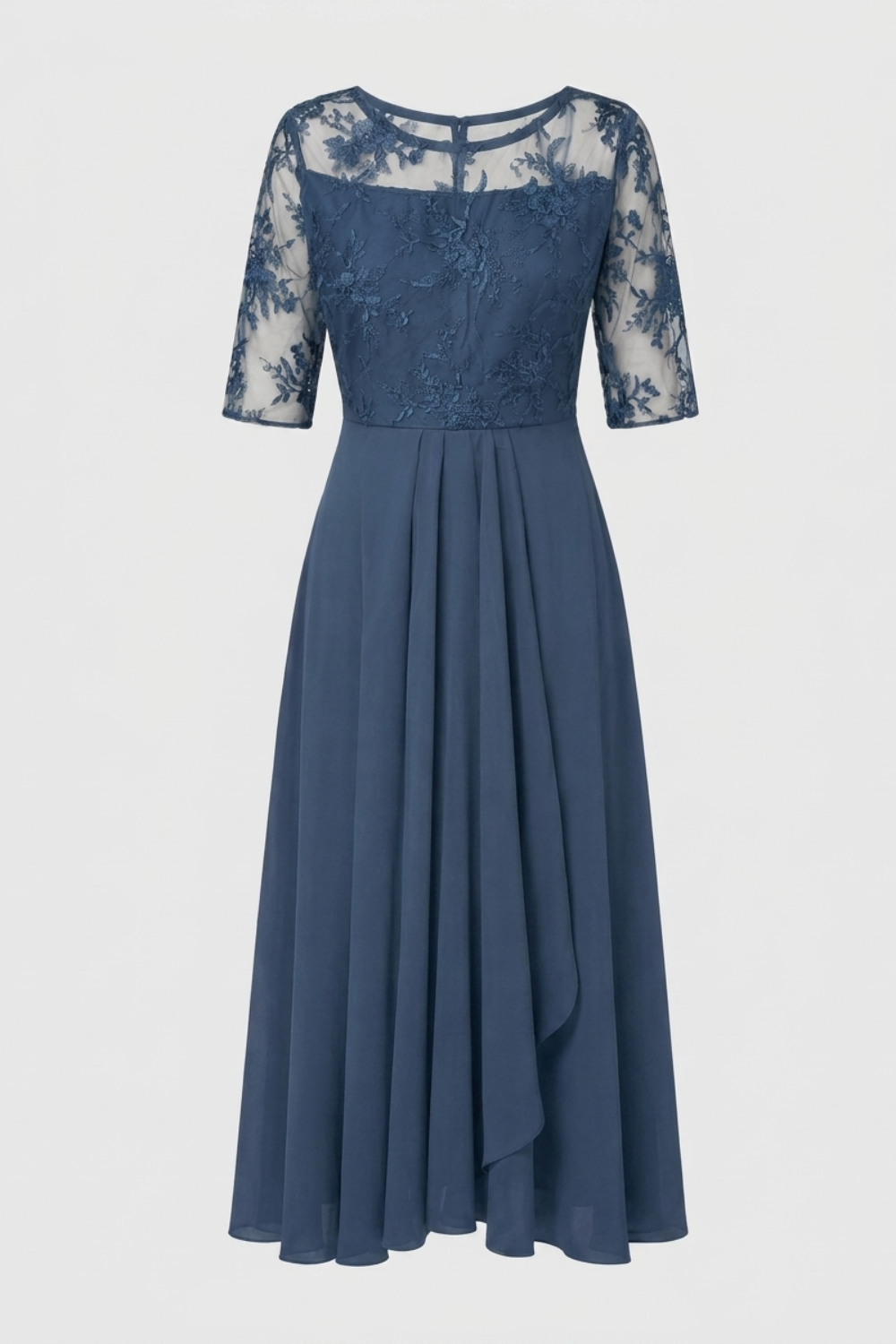 Damen Chiffon Maxikleid in Champagner mit Spitzenoberteil und 3/4-Ärmeln