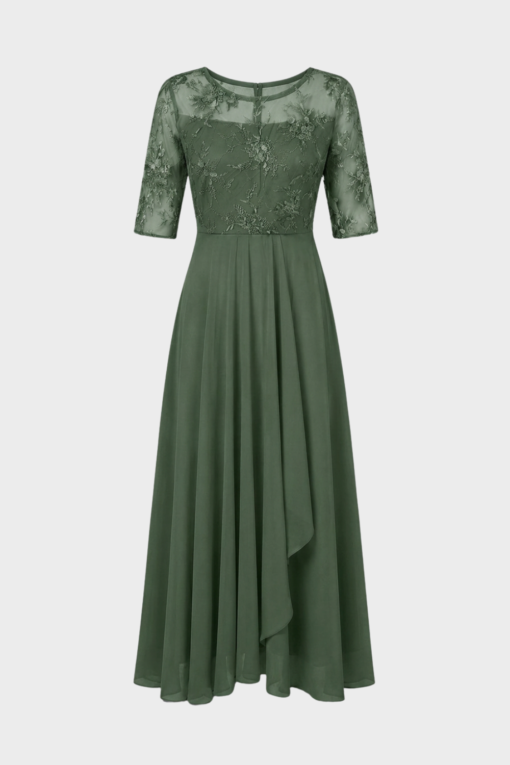 Damen Chiffon Maxikleid in Champagner mit Spitzenoberteil und 3/4-Ärmeln