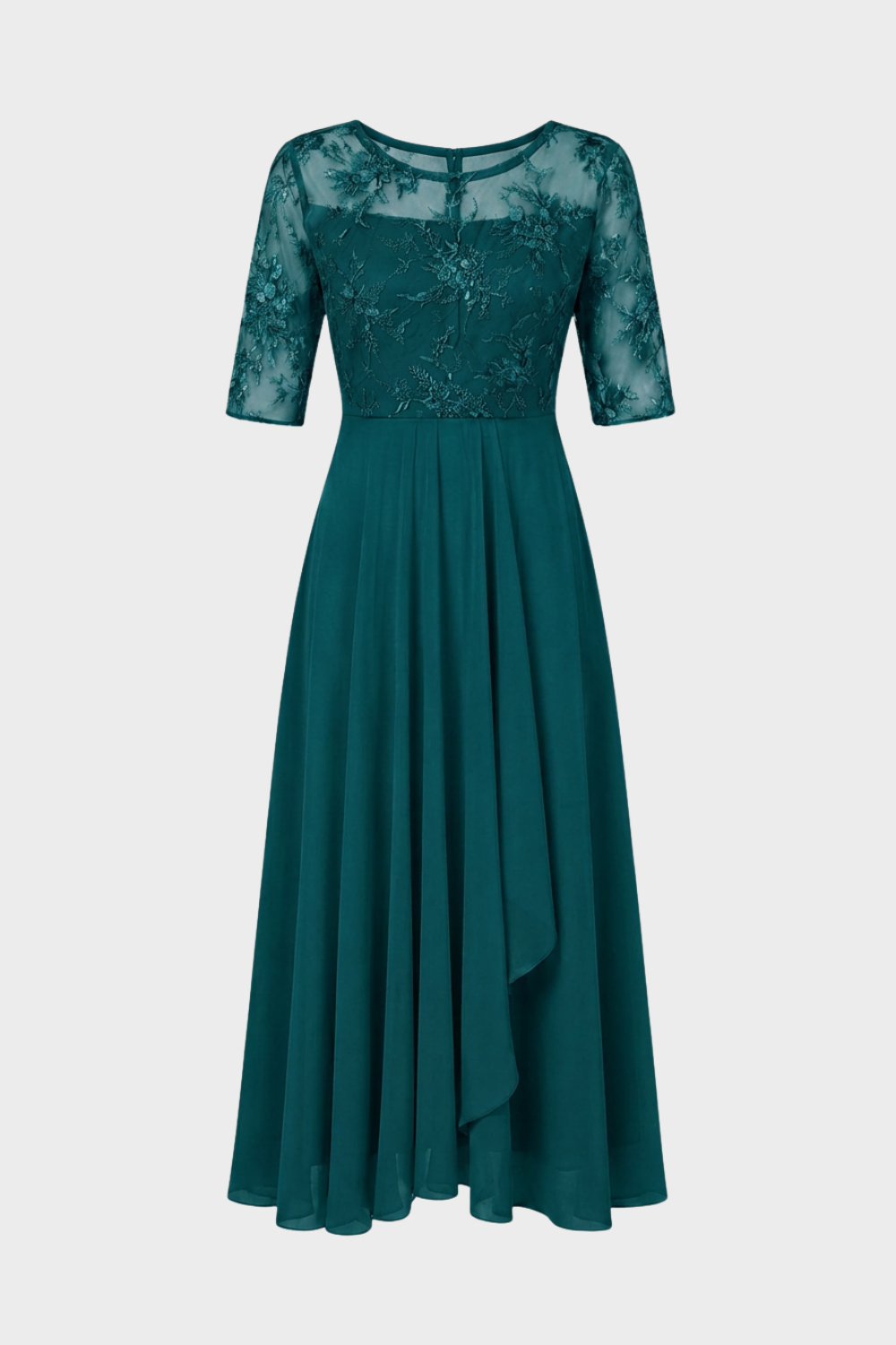 Damen Chiffon Maxikleid in Champagner mit Spitzenoberteil und 3/4-Ärmeln