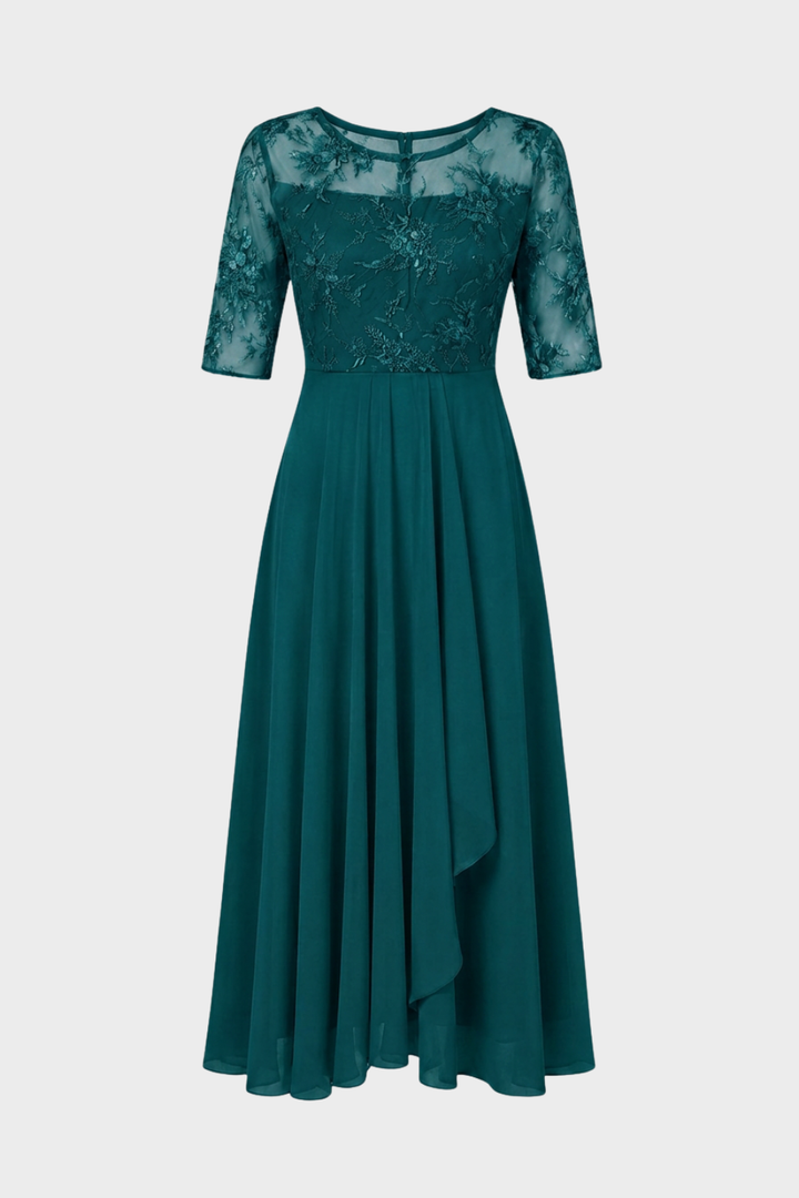 Damen Chiffon Maxikleid in Champagner mit Spitzenoberteil und 3/4-Ärmeln