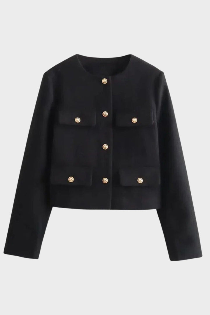 Damen Jacke Kurz Rundhals mit Knopfleiste und Taschen