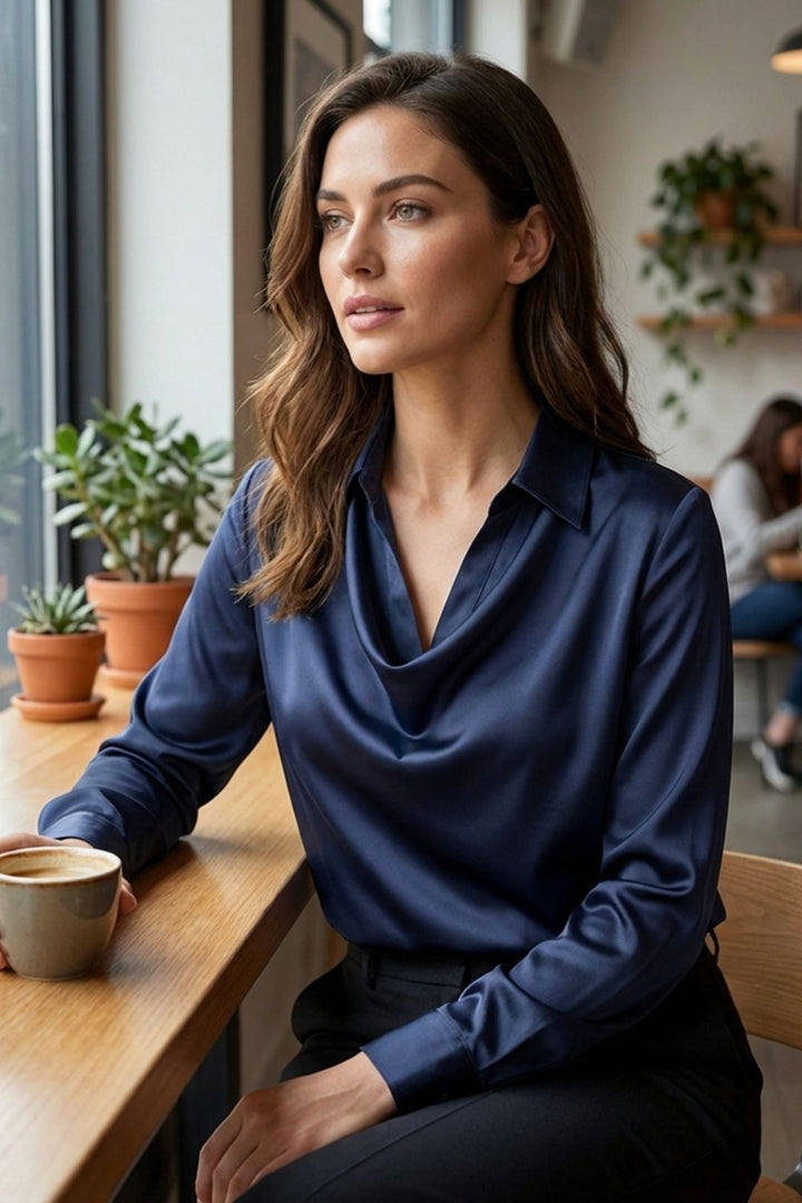 Damen Satin Bluse – Wasserfall – Outfit-Look