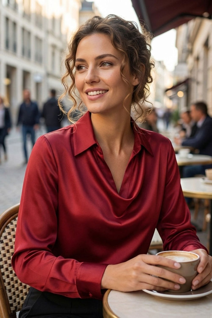Damen Satin Bluse – Wasserfall – Trage-Detail