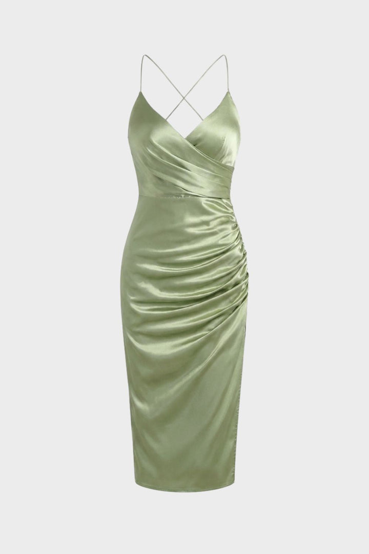 Damen Satin Maxikleid mit Wickeloptik und Schlitz
