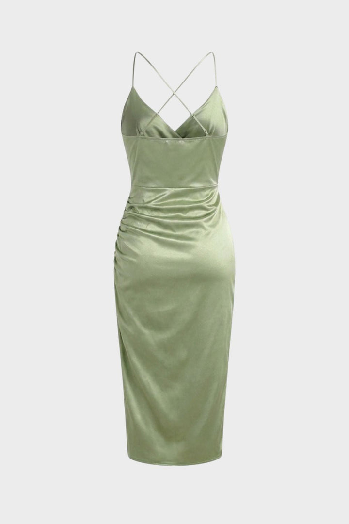 Damen Satin Maxikleid mit Wickeloptik und Schlitz