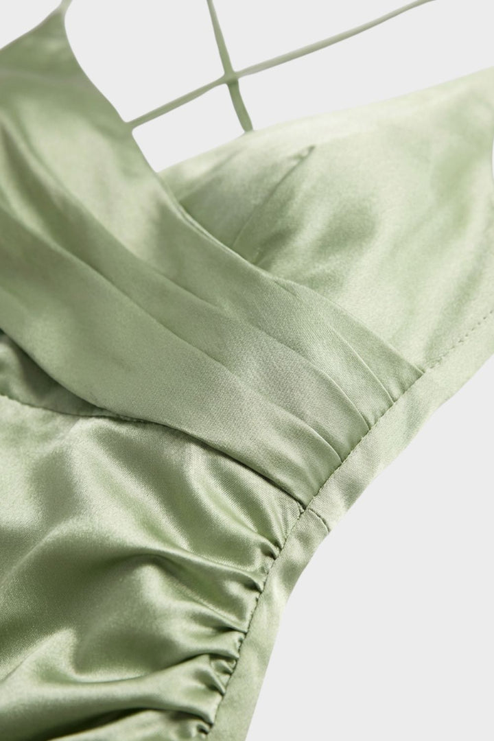 Damen Satin Maxikleid mit Wickeloptik und Schlitz