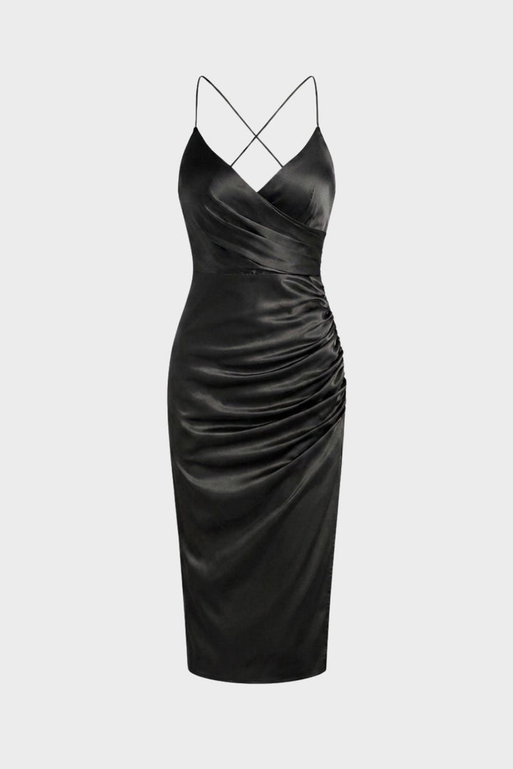 Damen Satin Maxikleid mit Wickeloptik und Schlitz
