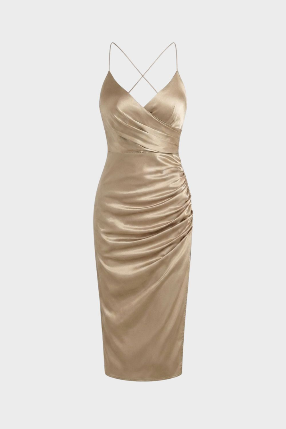 Damen Satin Maxikleid mit Wickeloptik und Schlitz