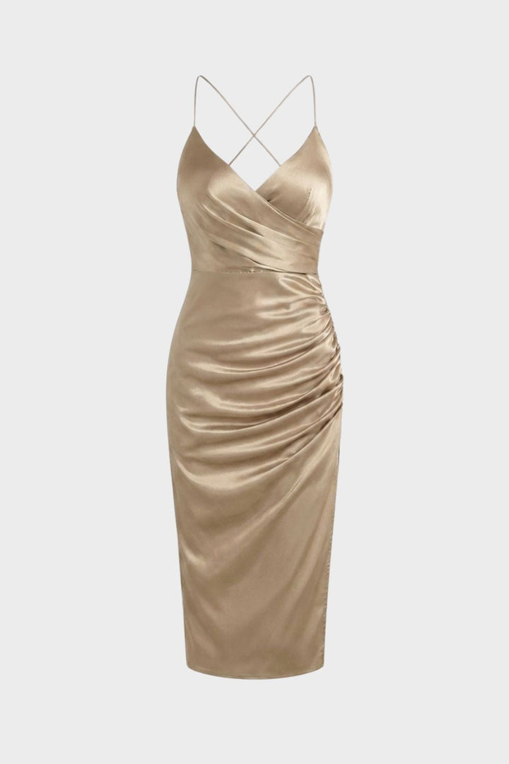 Damen Satin Maxikleid mit Wickeloptik und Schlitz
