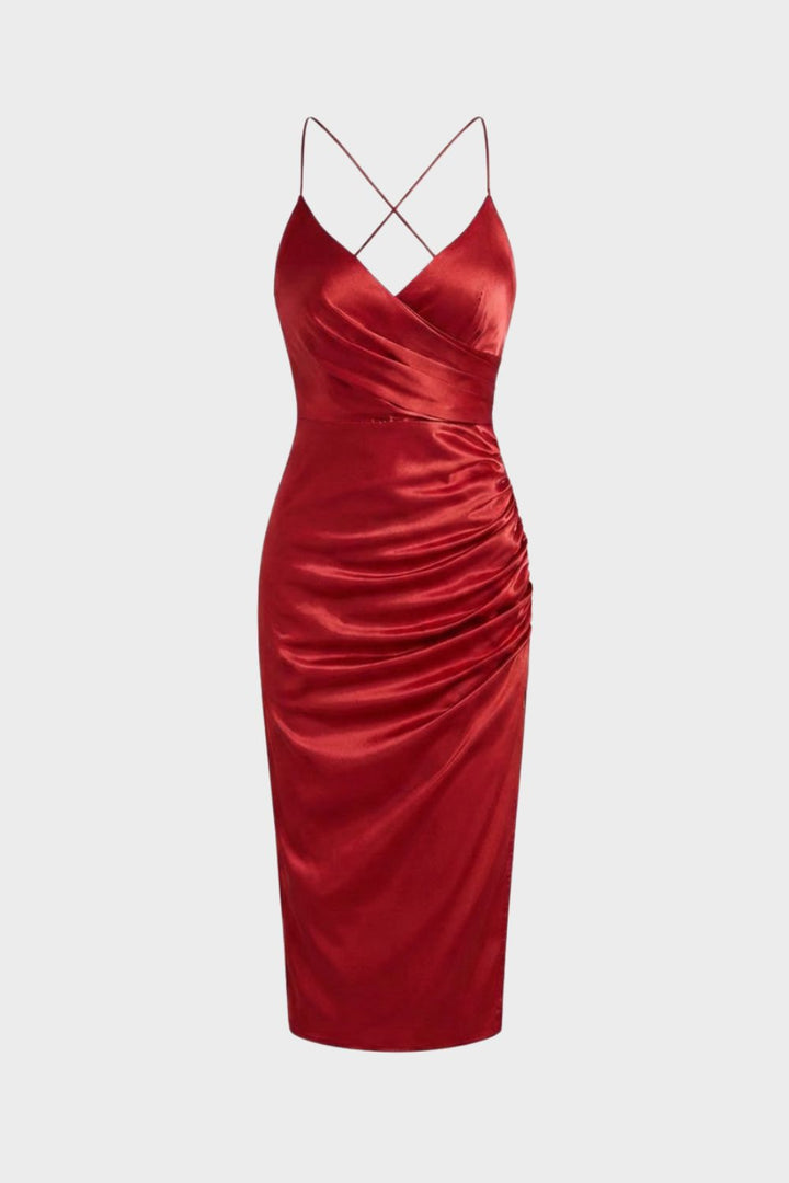 Damen Satin Maxikleid mit Wickeloptik und Schlitz