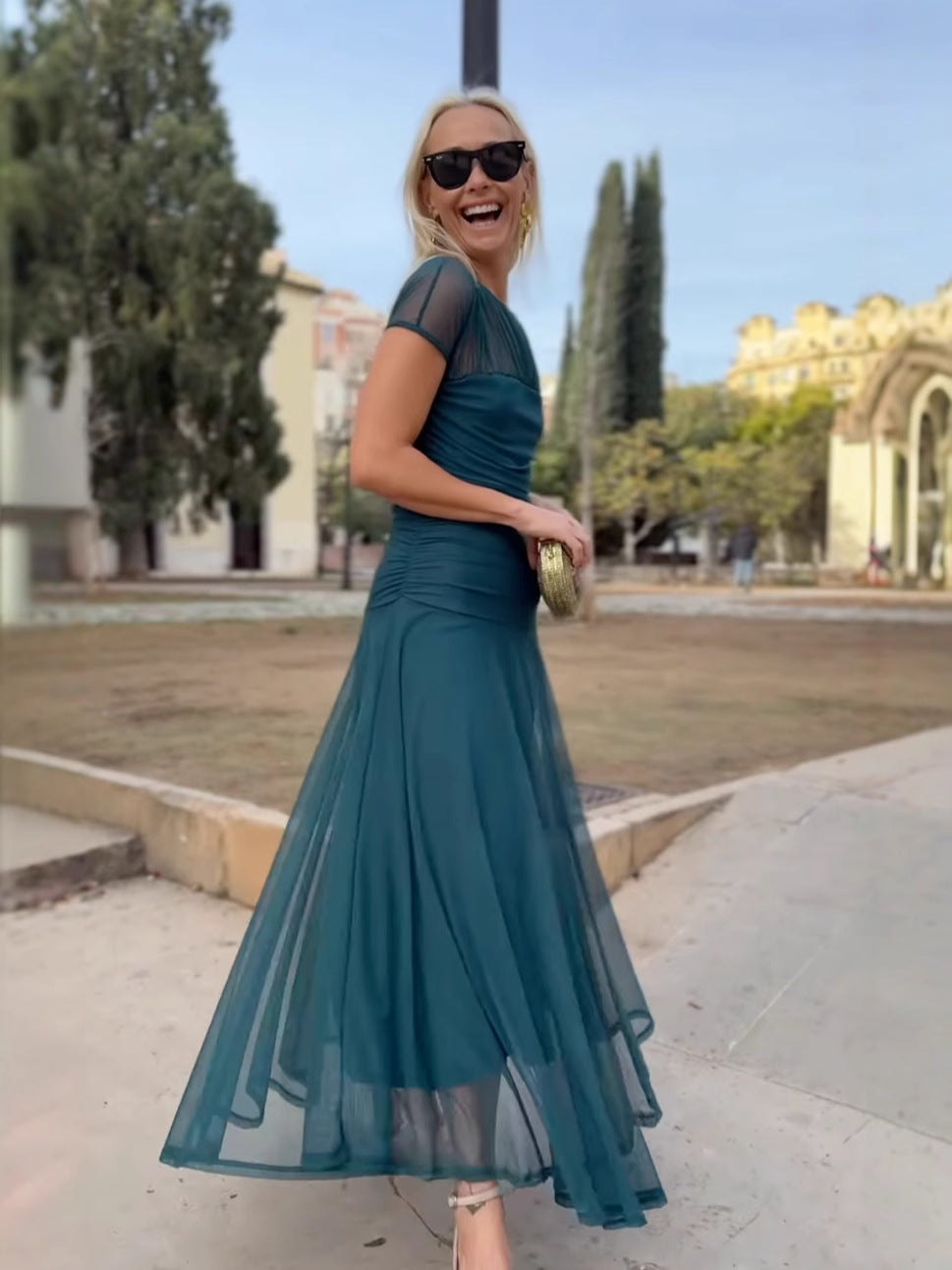 Damen Tüll Maxikleid – Cocktail – Stoff-Detail