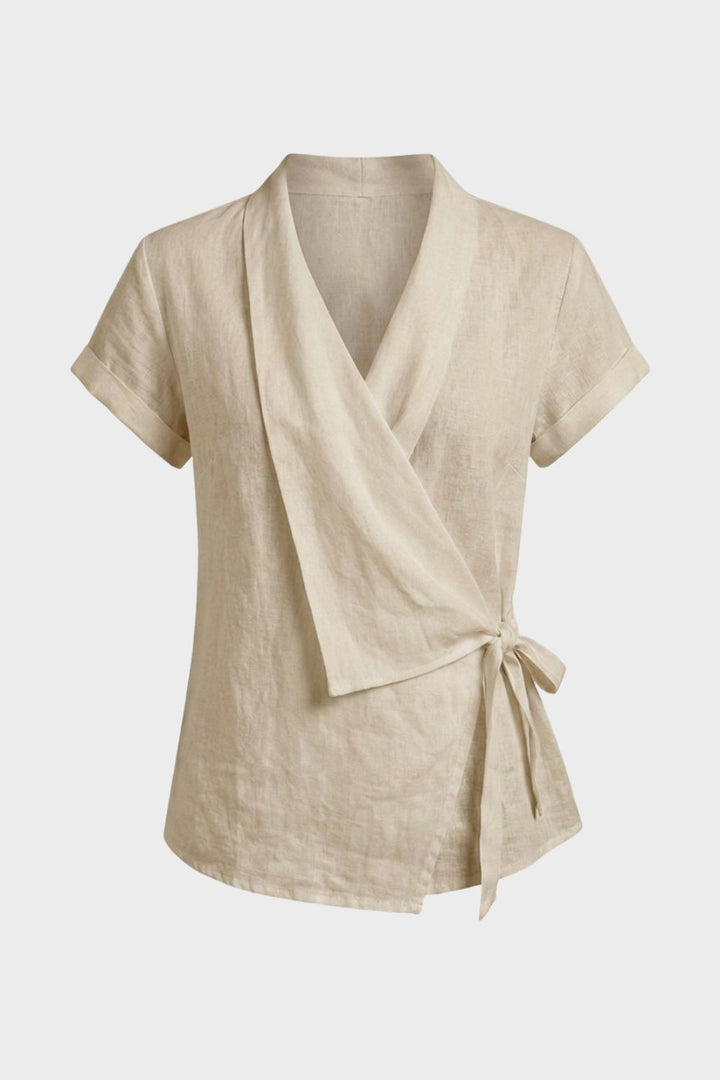 Damen Wickelbluse | V-Ausschnitt Kurzarm – Detail Verarbeitung