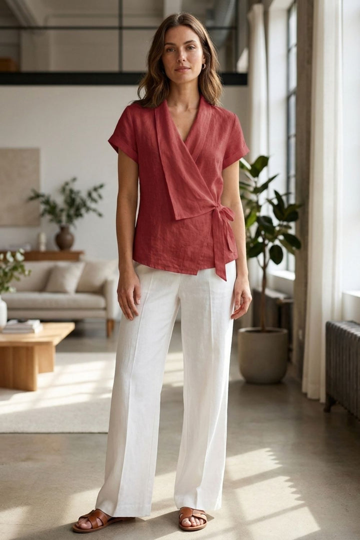 Damen Wickelbluse | V-Ausschnitt Kurzarm – Side-Profile