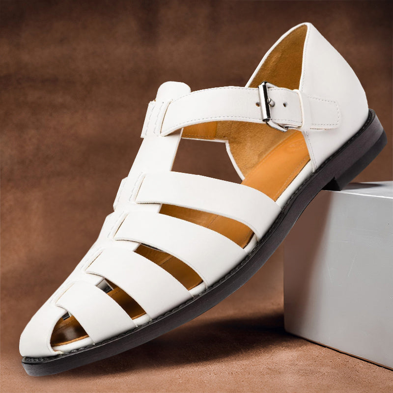 Herren Leder Fisherman Sandalen Weiß – mediterraner Sommerschuh Käfig-Schnitt Hauptansicht