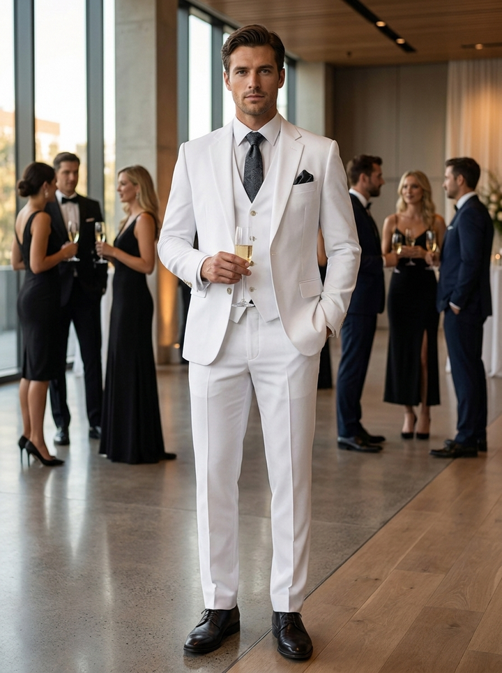 Glänzender 3-teiliger Herrenanzug Slim Fit – Bräutigam Satin-Look