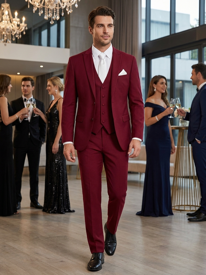 Glänzender 3-teiliger Herrenanzug Slim Fit – Bräutigam Satin-Look