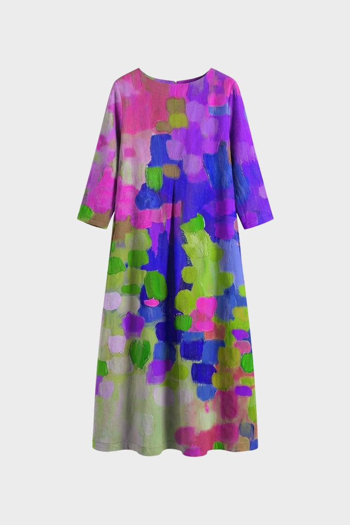Kleid Damen Midikleid lang mit Muster Rundhals