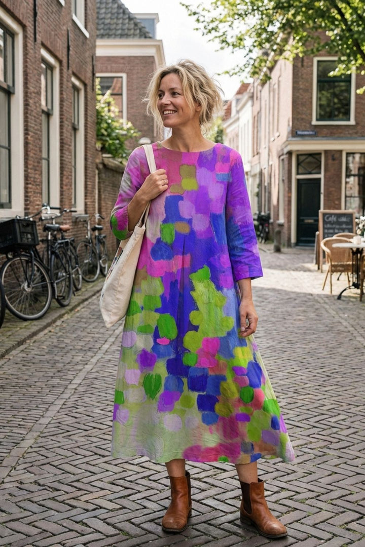 Kleid Damen Midikleid lang mit Muster Rundhals