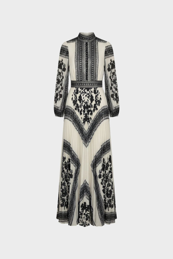 Maxikleid Damen Langarm mit Muster und Stehkragen