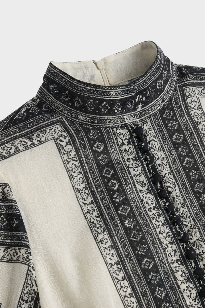Maxikleid Damen Langarm mit Muster und Stehkragen